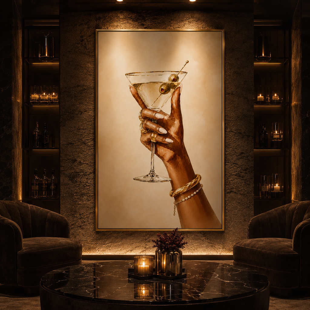 Martini Wall Art: Hand Holding Cocktail Glass, Feminine Bar Cart Decor, Chic Kitchen Printable