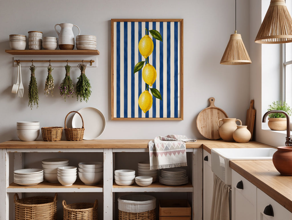 Lemon Wall Art: Mediterranean Italian Kitchen Decor, Blue Striped Printable