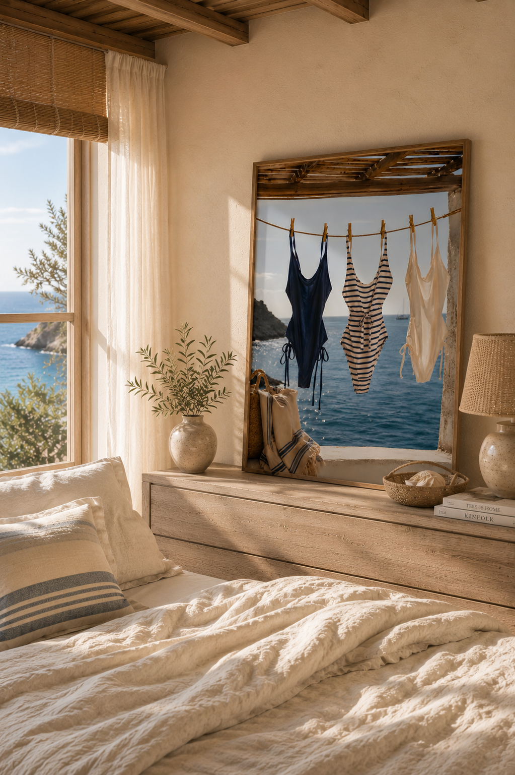 Coastal Swimsuit Wall Art: Hanging Bikini Photography, Mediterranean Summer Beach House Decor Printable