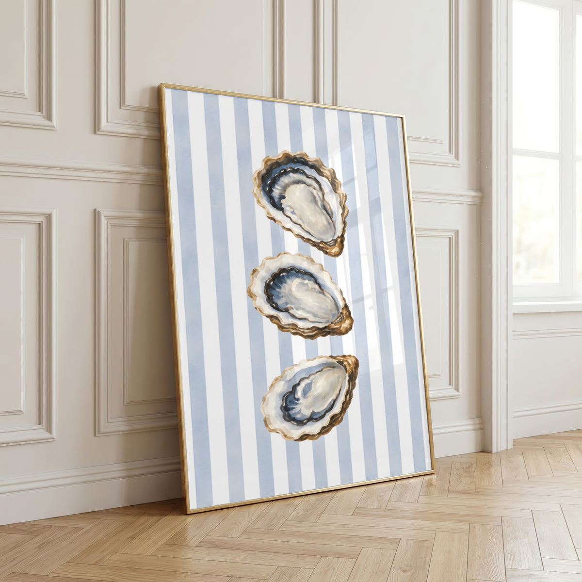 Oyster Wall Art: Coastal Mediterranean Beach House Decor, Blue Striped Printable