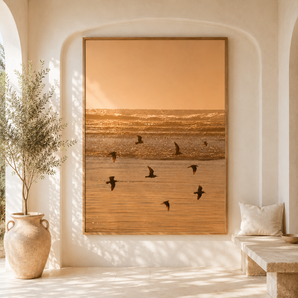 Sunset Wall Art: Golden Hour Beach Photography, Seagull Decor, Neutral Coastal Bedroom Printable