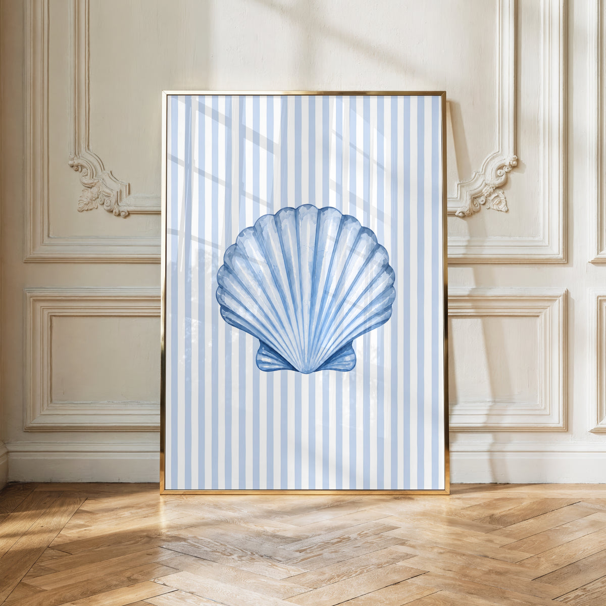Coastal Seashell Wall Art Printable: Blue Striped Beach House Decor