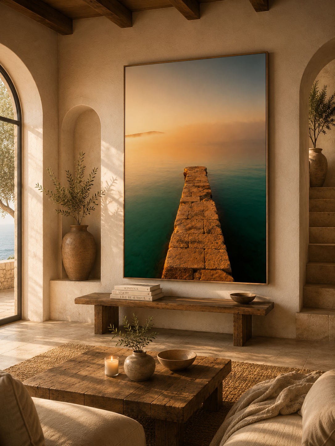 Mediterranean Coastal Wall Art: Stone Pier Bathroom Decor Printable