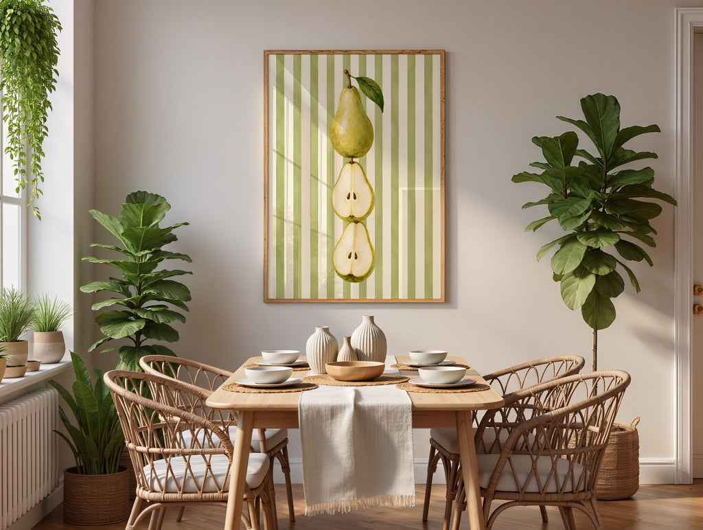 Striped Fruit Wall Art Set of 6: Colorful Modern Kitchen Decor, Lemon Cherry Printable