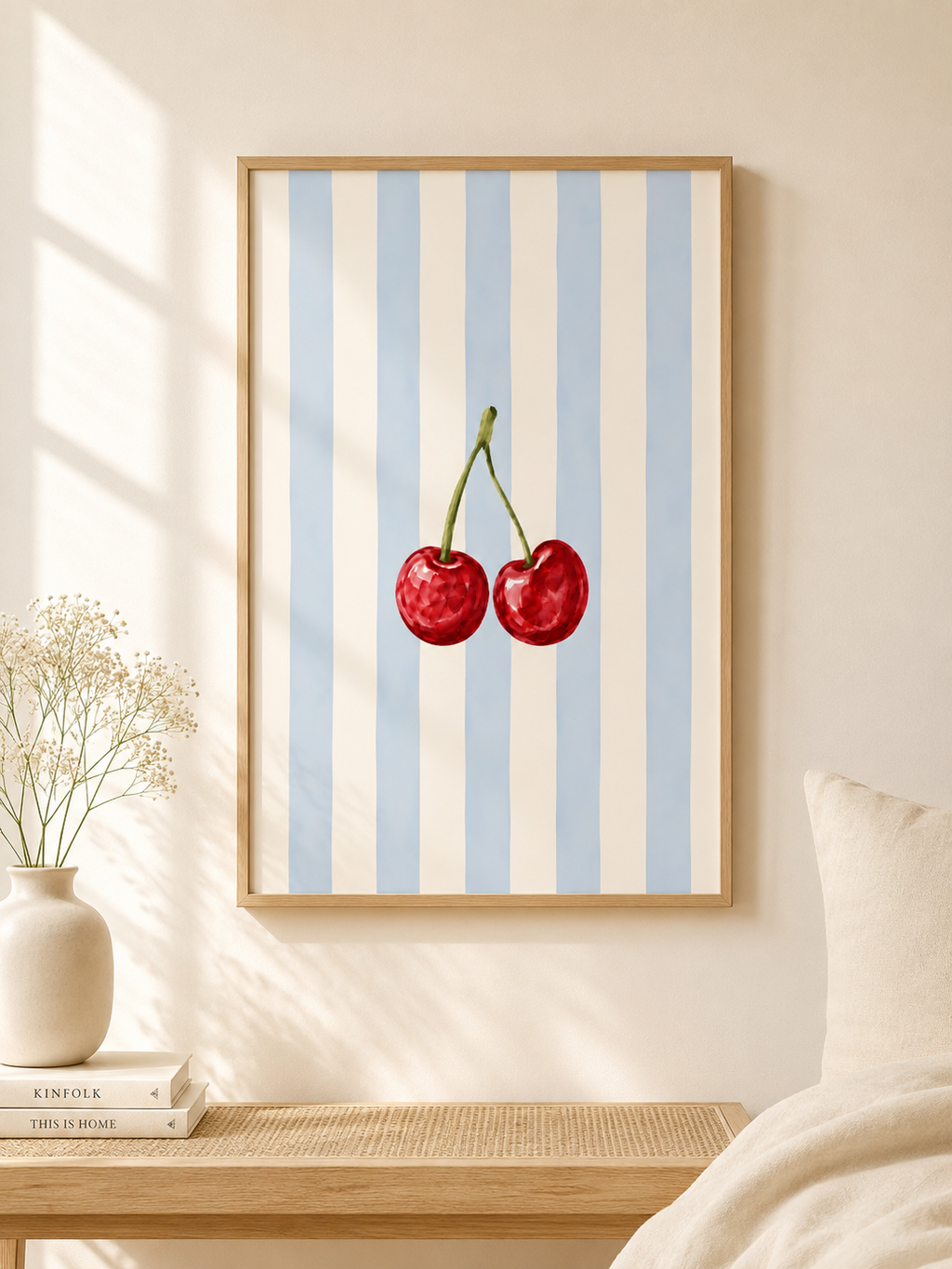 Cherry Wall Art Set of 3: Pastel Striped Bedroom Decor, Coquette Printable