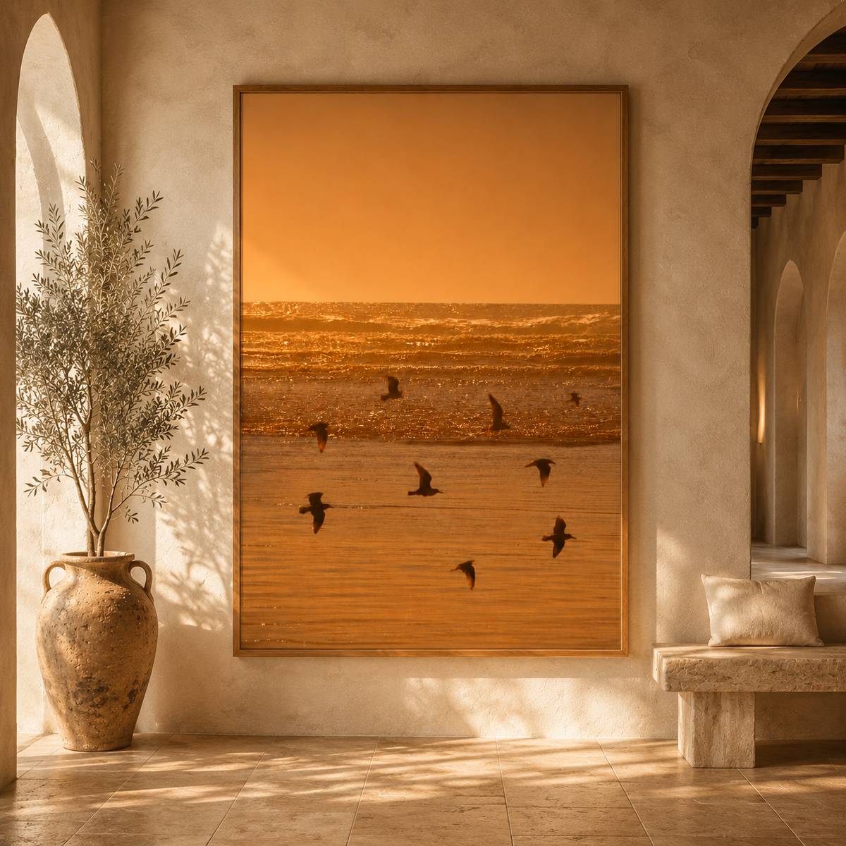 Sunset Wall Art: Golden Hour Beach Photography, Seagull Decor, Neutral Coastal Bedroom Printable