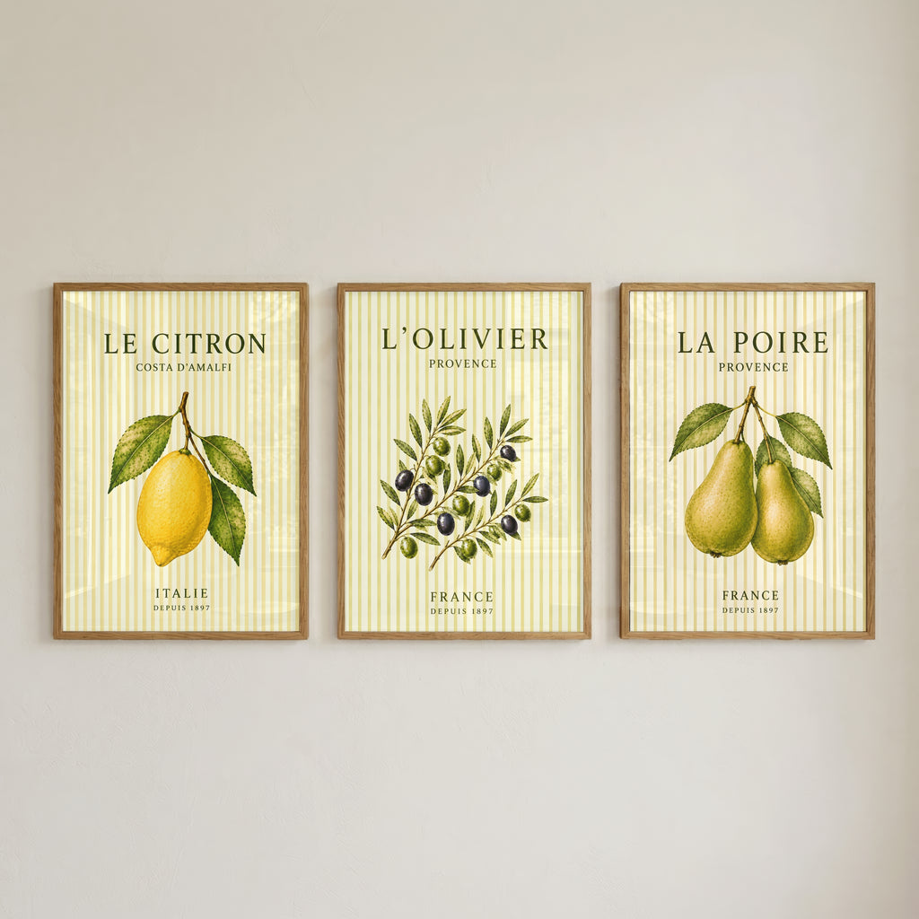 Mediterranean Striped Fruit Wall Art Set of 3: Lemon Pear Olive Printable