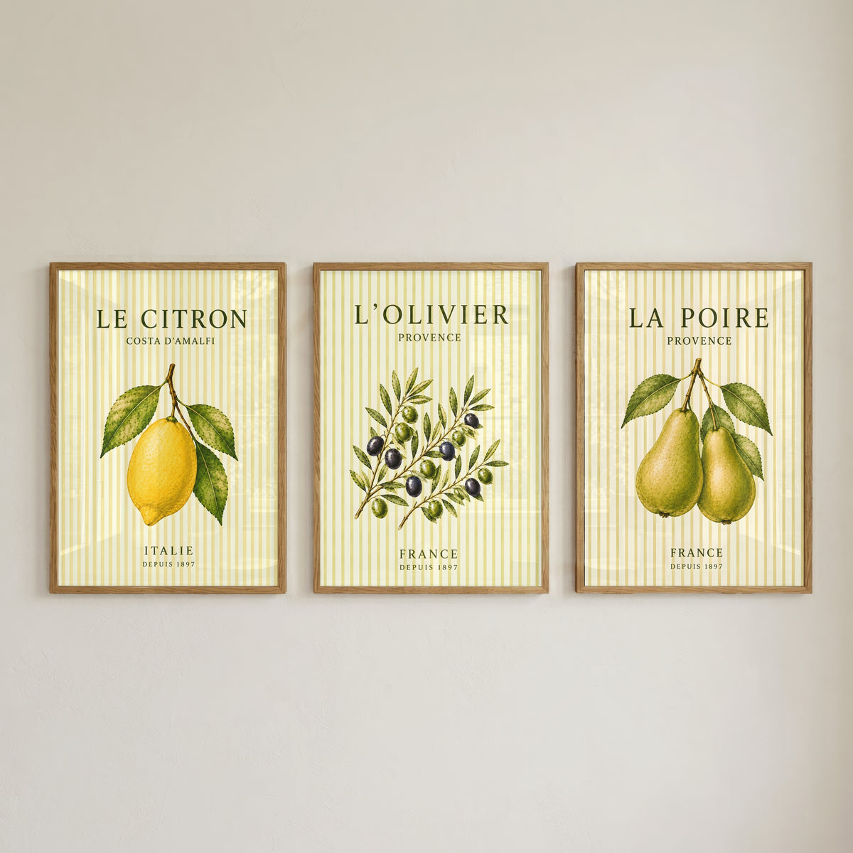 Mediterranean Striped Fruit Wall Art Set of 3: Lemon Pear Olive Printable