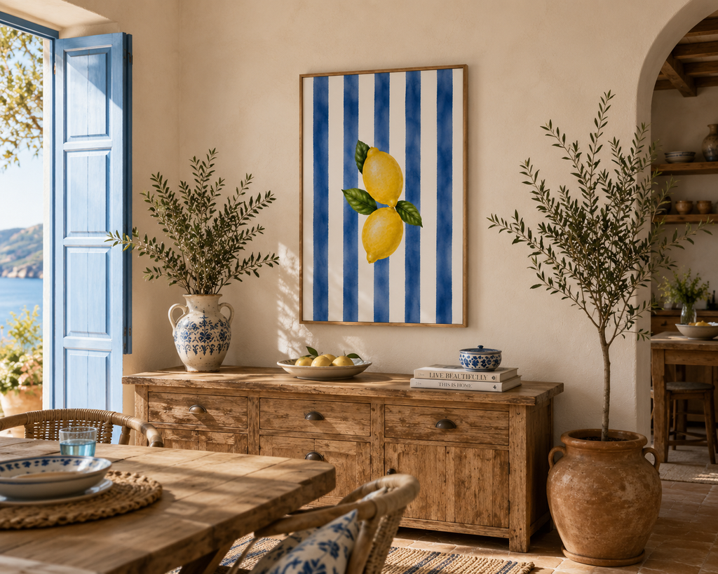 Lemon Wall Art: Blue Striped Citrus Art, Mediterranean Decor, Dining Room Printable