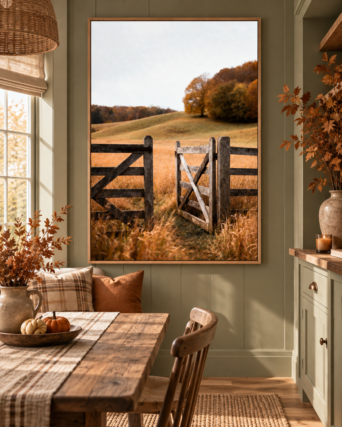 Autumn Countryside Wall Art: Wooden Gate Meadow Landscape Photography Printable