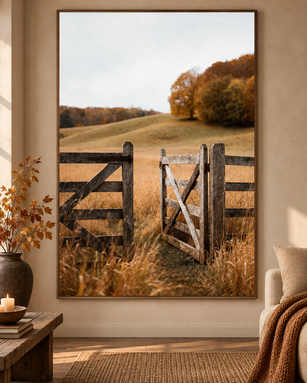 Autumn Countryside Wall Art: Wooden Gate Meadow Landscape Photography Printable