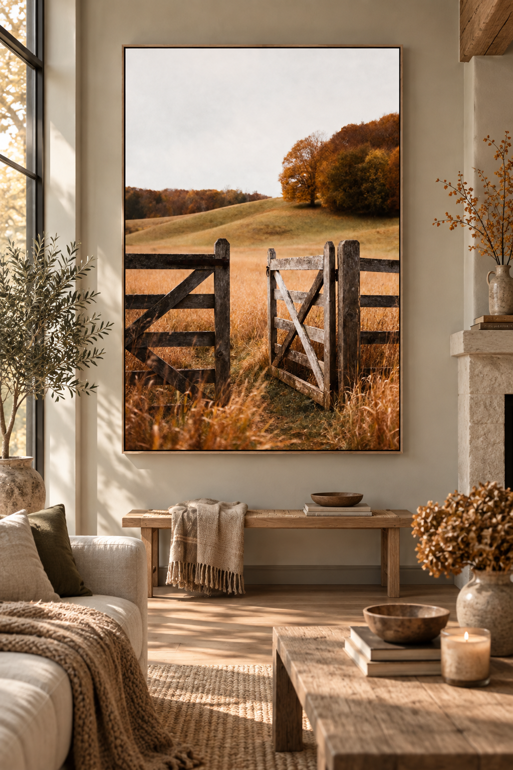 Autumn Countryside Wall Art: Wooden Gate Meadow Landscape Photography Printable