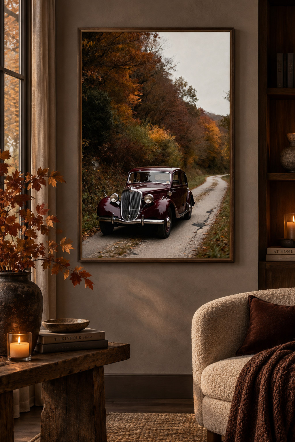 Vintage Car Wall Art: Burgundy Car on Autumn Country Road, Moody Fall Photography Printable