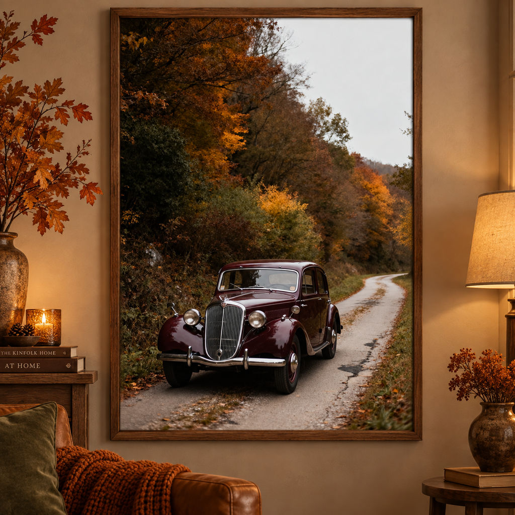 Vintage Car Wall Art: Burgundy Car on Autumn Country Road, Moody Fall Photography Printable
