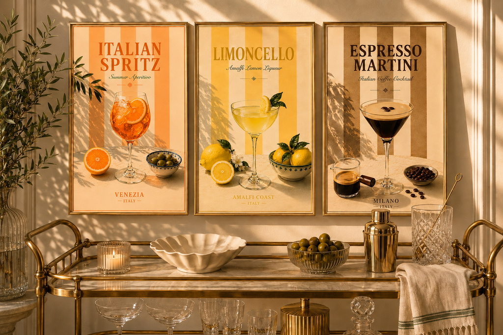 Mediterranean Cocktail Wall Art Set of 3: Italian Spritz, Limoncello & Espresso Martini Printable