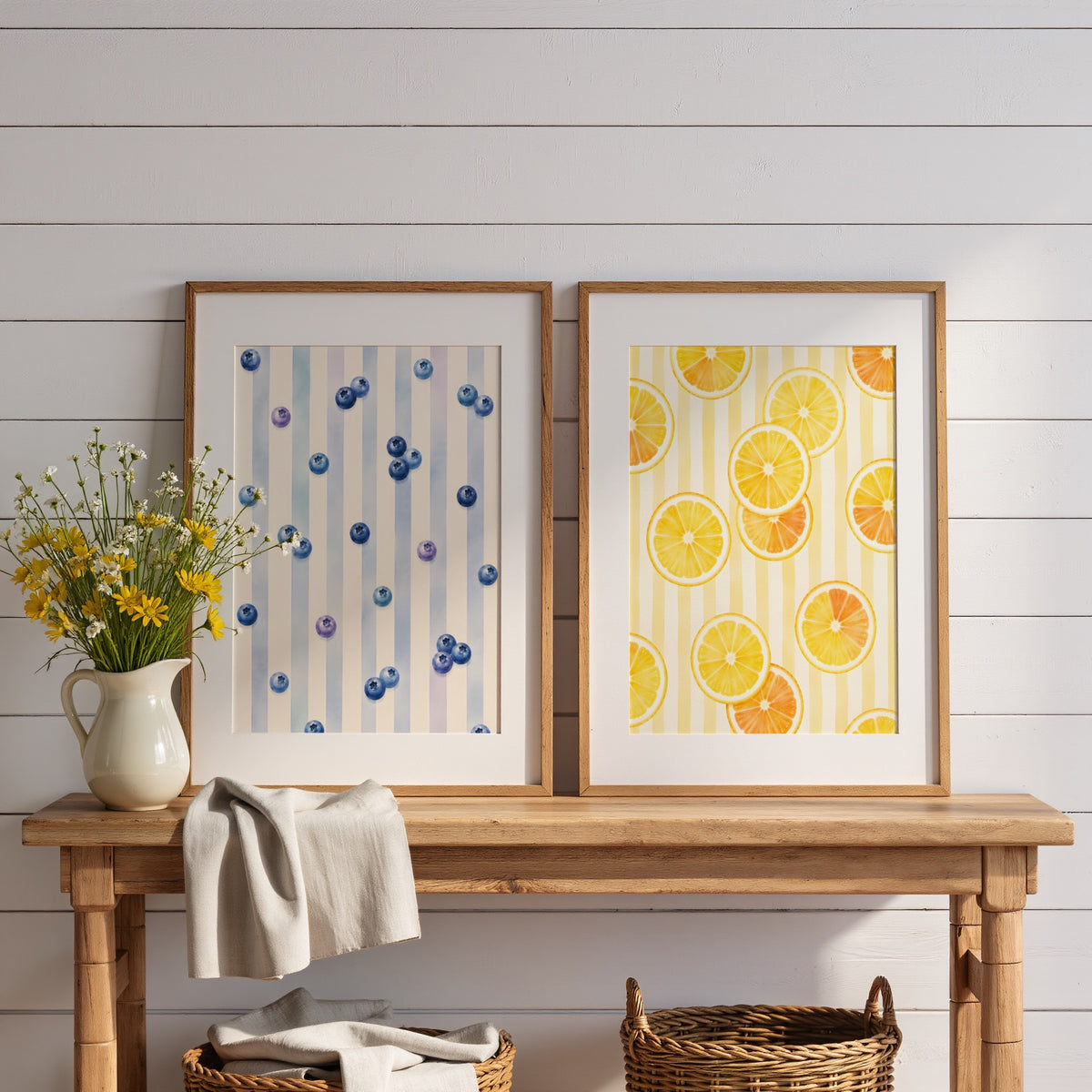Striped Fruit Wall Art Set of 6: Mediterranean Kitchen Decor & Citrus Printable