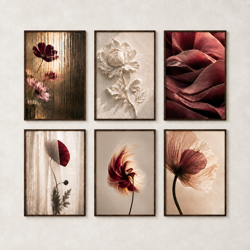 Burgundy Flower Wall Art Set of 6: Modern Botanical Living Room Decor Printable