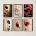 Burgundy Flower Wall Art Set of 6: Modern Botanical Living Room Decor Printable