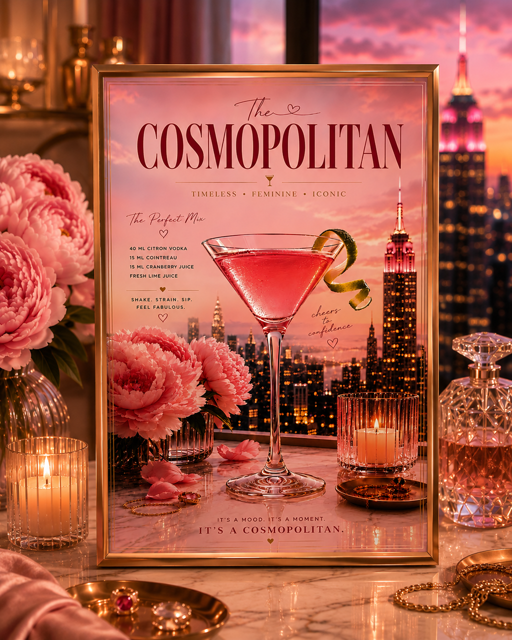 Pink Cosmopolitan Cocktail Wall Art: Feminine Luxury Apartment Printable Poster