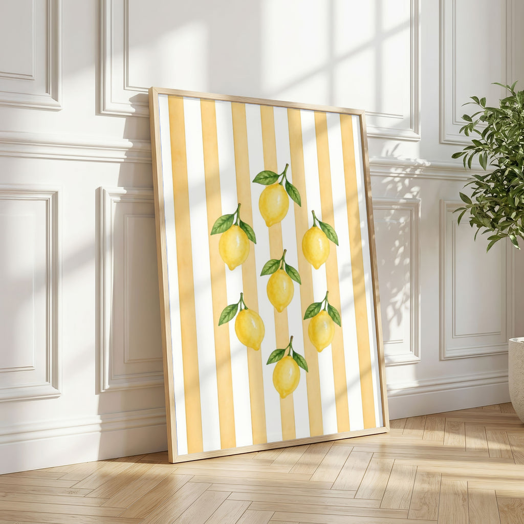 Striped Fruit Wall Art Set of 8: Colorful Kitchen Fruit Decor, Lemon Strawberry Cherry Printable