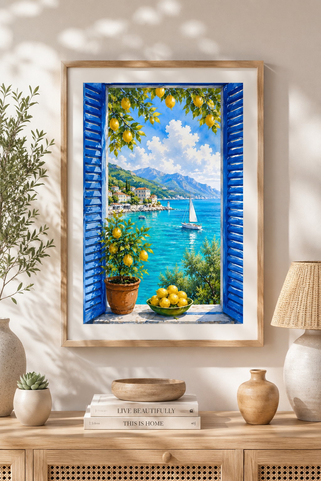 Mediterranean Window Wall Art Set of 3: Blue Shutters, Lemon Trees & Coastal Views Printable