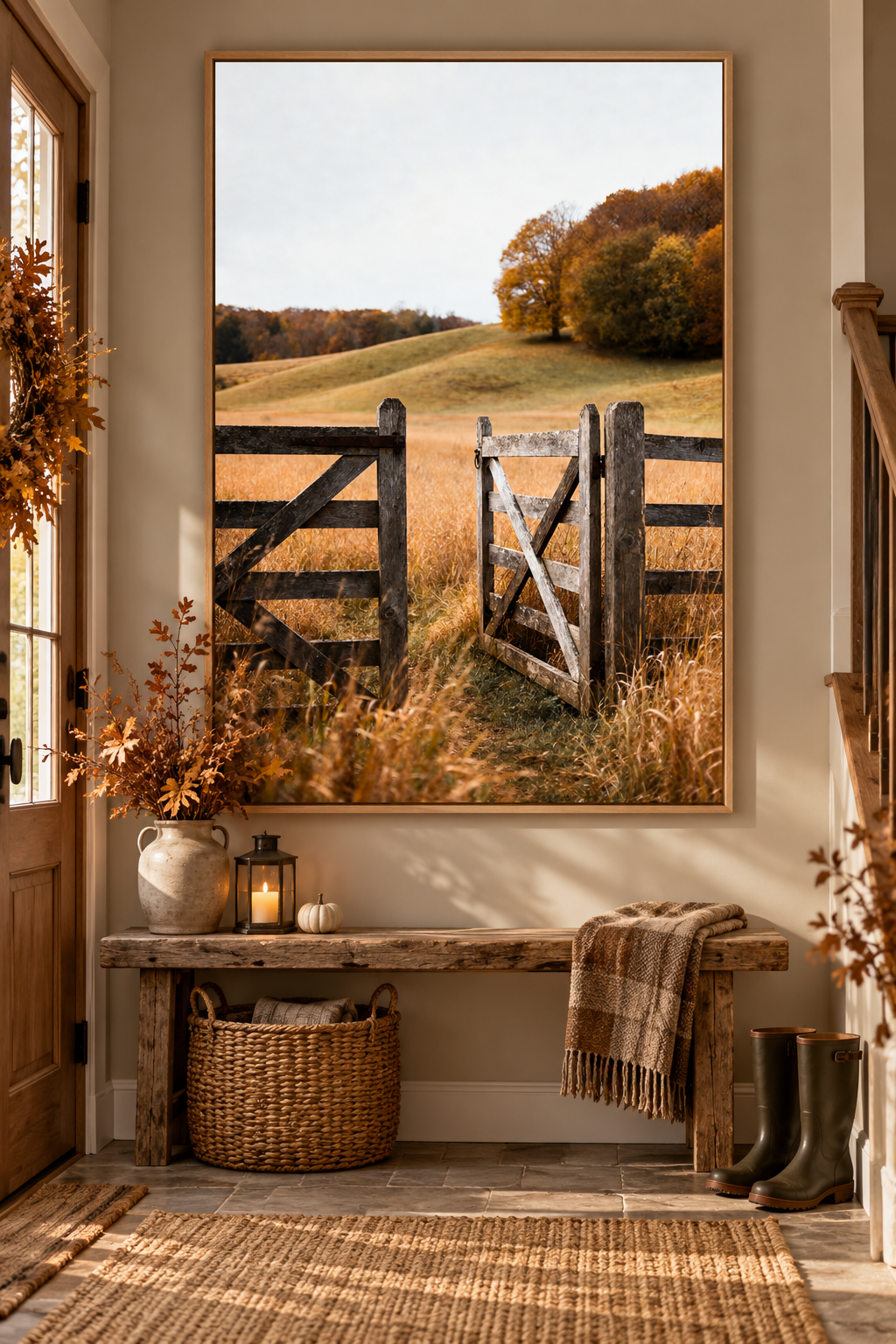 Autumn Countryside Wall Art: Wooden Gate Meadow Landscape Photography Printable