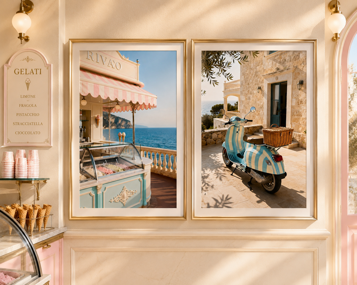 Italian Riviera Wall Art Set of 2: Vintage Scooter & Coastal Photography Printable