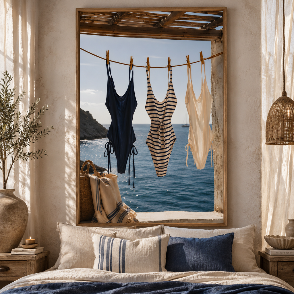 Coastal Swimsuit Wall Art: Hanging Bikini Photography, Mediterranean Summer Beach House Decor Printable