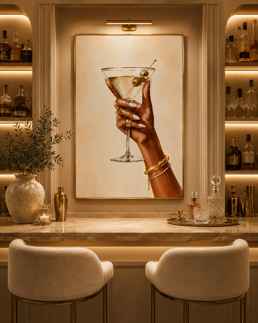 Martini Wall Art: Hand Holding Cocktail Glass, Feminine Bar Cart Decor, Chic Kitchen Printable