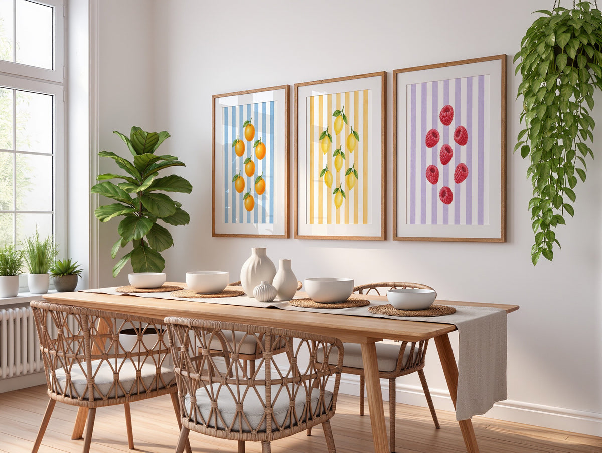 Striped Fruit Wall Art Set of 8: Colorful Kitchen Fruit Decor, Lemon Strawberry Cherry Printable