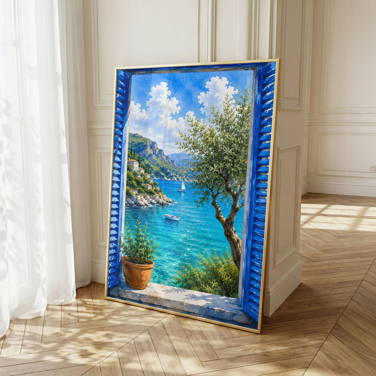 Mediterranean Window Wall Art Set of 3: Blue Shutters, Lemon Trees & Coastal Views Printable
