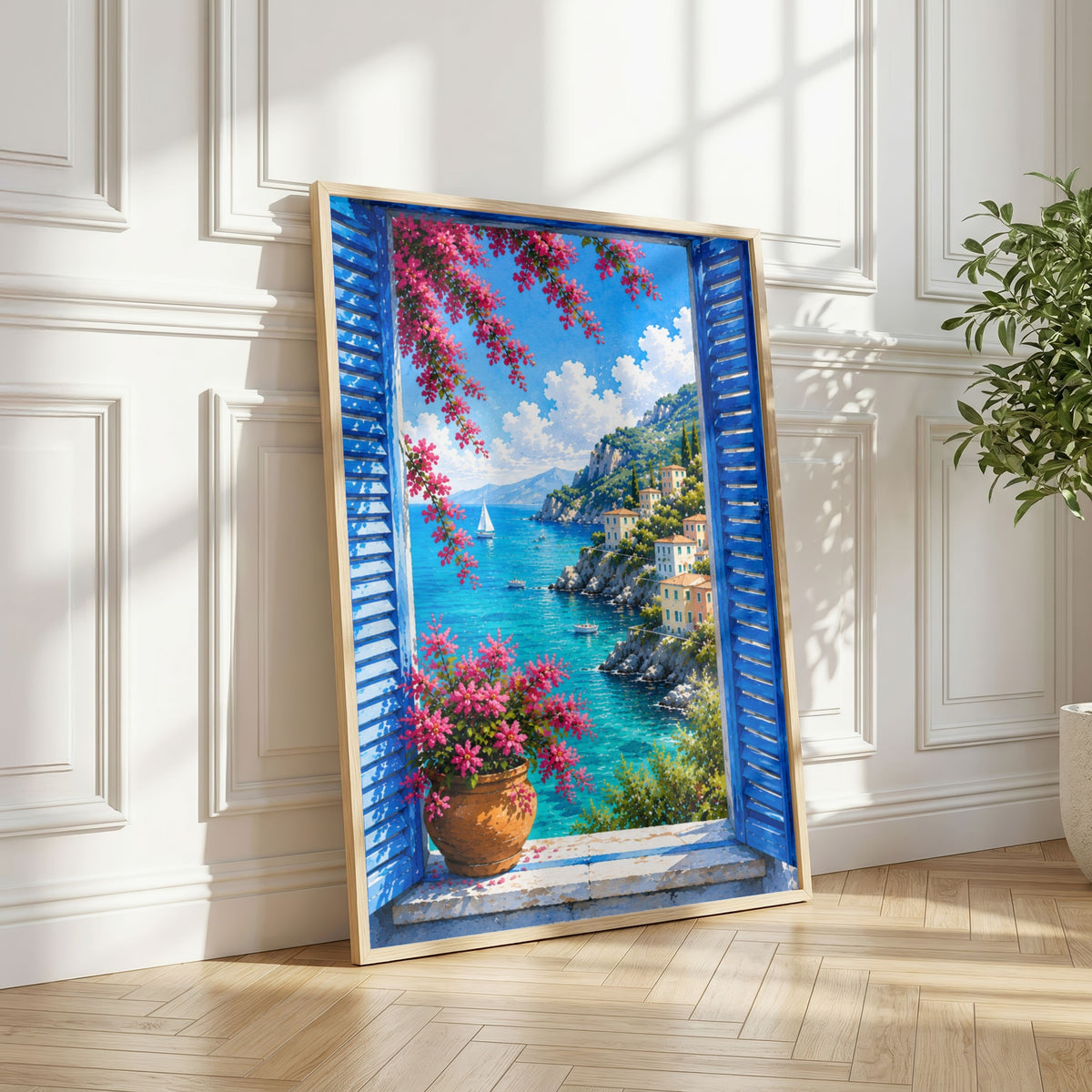 Mediterranean Window Wall Art Set of 3: Blue Shutters, Lemon Trees & Coastal Views Printable