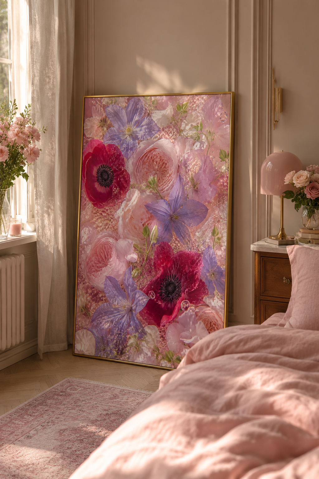 Pink Flower Wall Art: Romantic Anemone & Rose Photography, Feminine Bedroom Decor Printable
