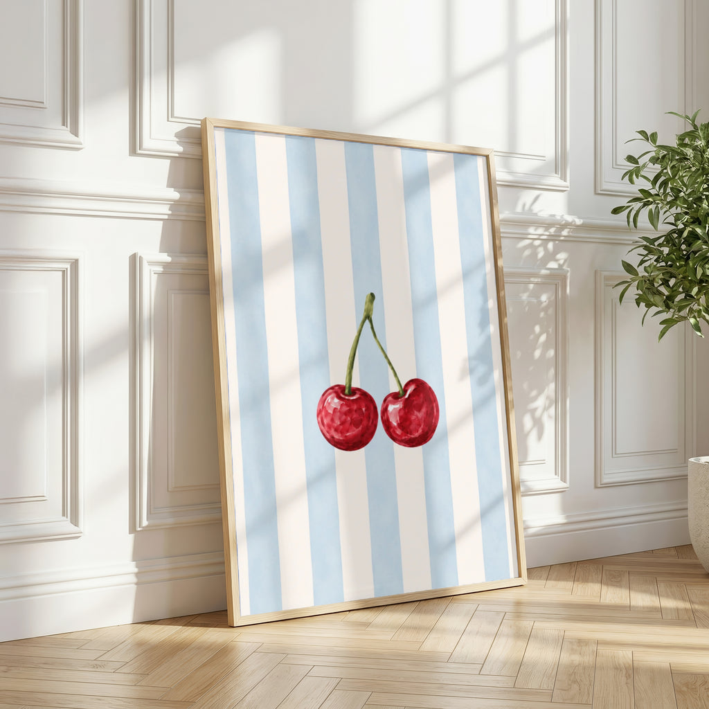 Cherry Wall Art Set of 3: Pastel Striped Bedroom Decor, Coquette Printable