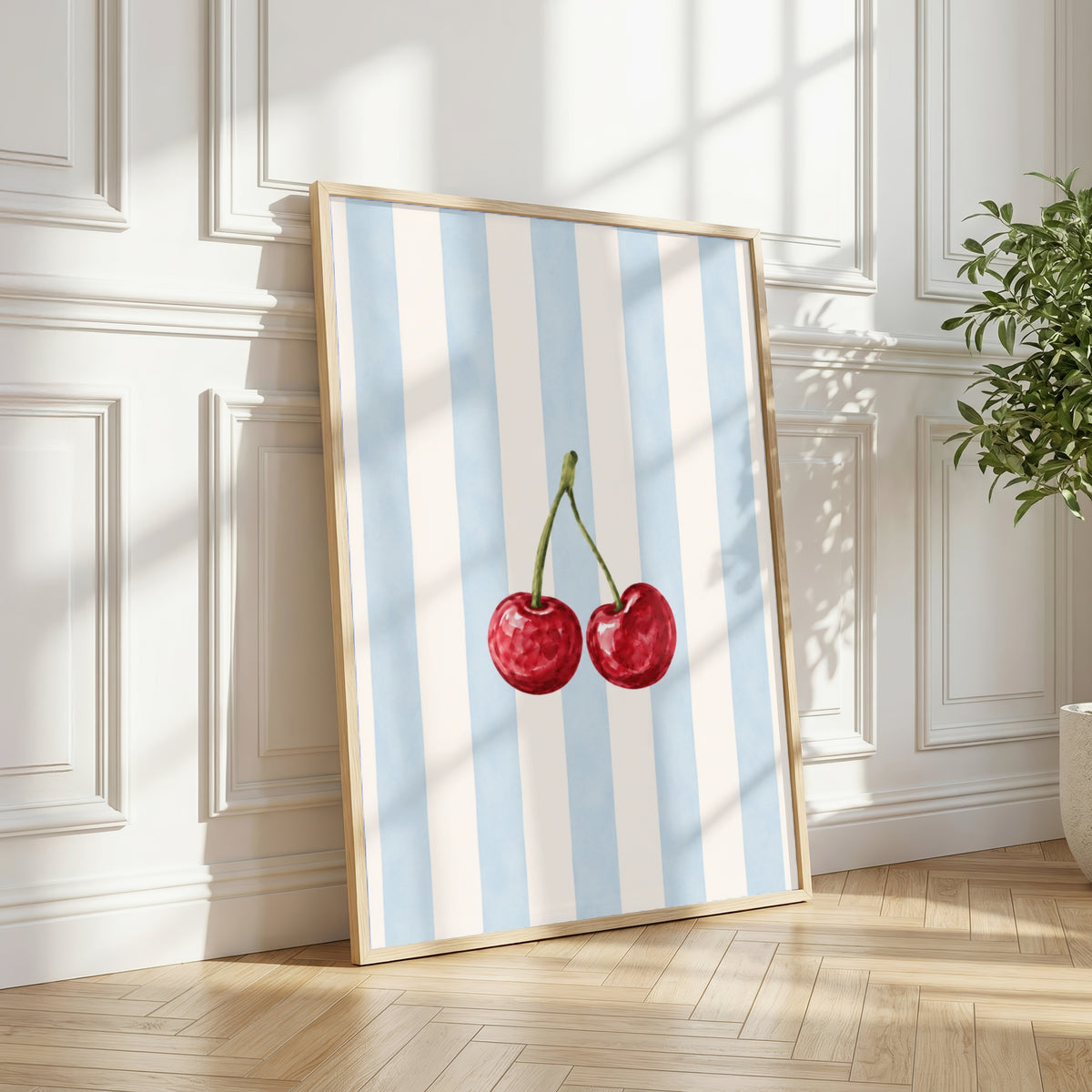 Cherry Wall Art Set of 3: Pastel Striped Bedroom Decor, Coquette Printable