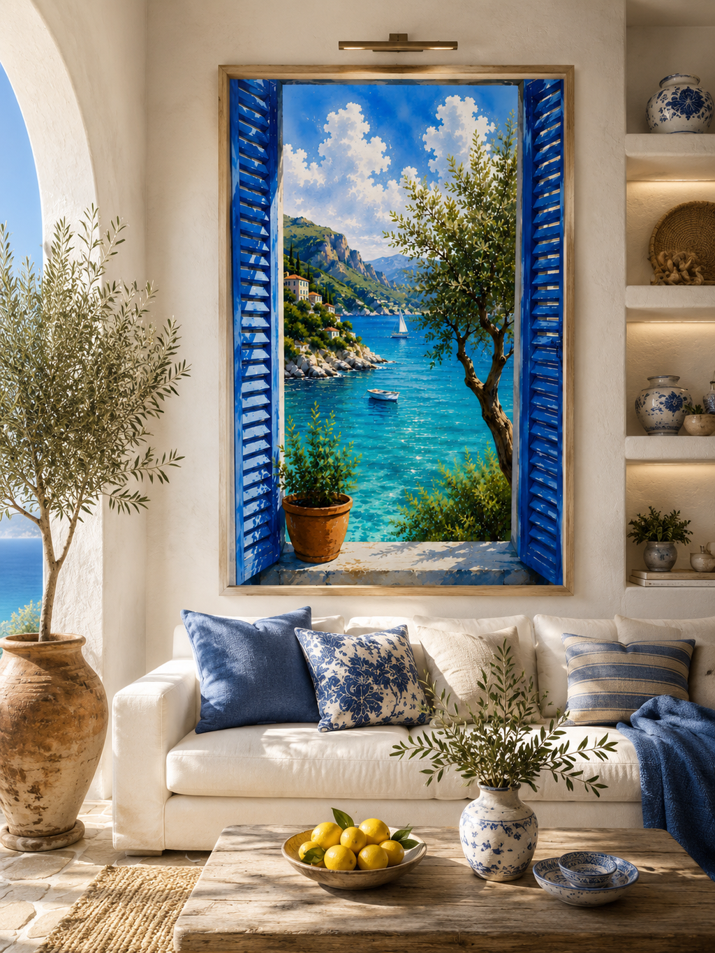 Mediterranean Window Wall Art Set of 3: Blue Shutters, Lemon Trees & Coastal Views Printable