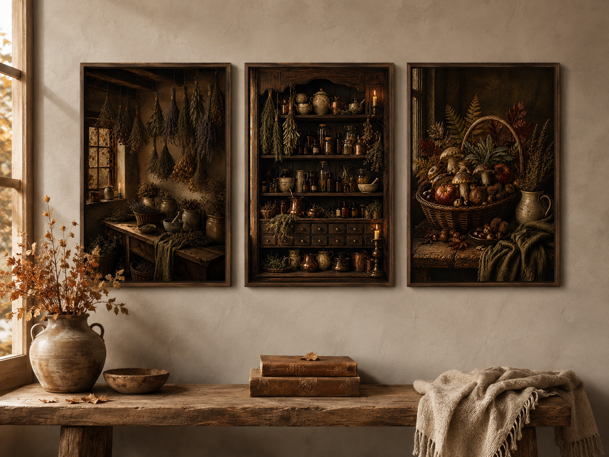 Apothecary Wall Art Set of 3: Mushroom & Hanging Herbs, Dark Cottagecore Kitchen Decor Printable