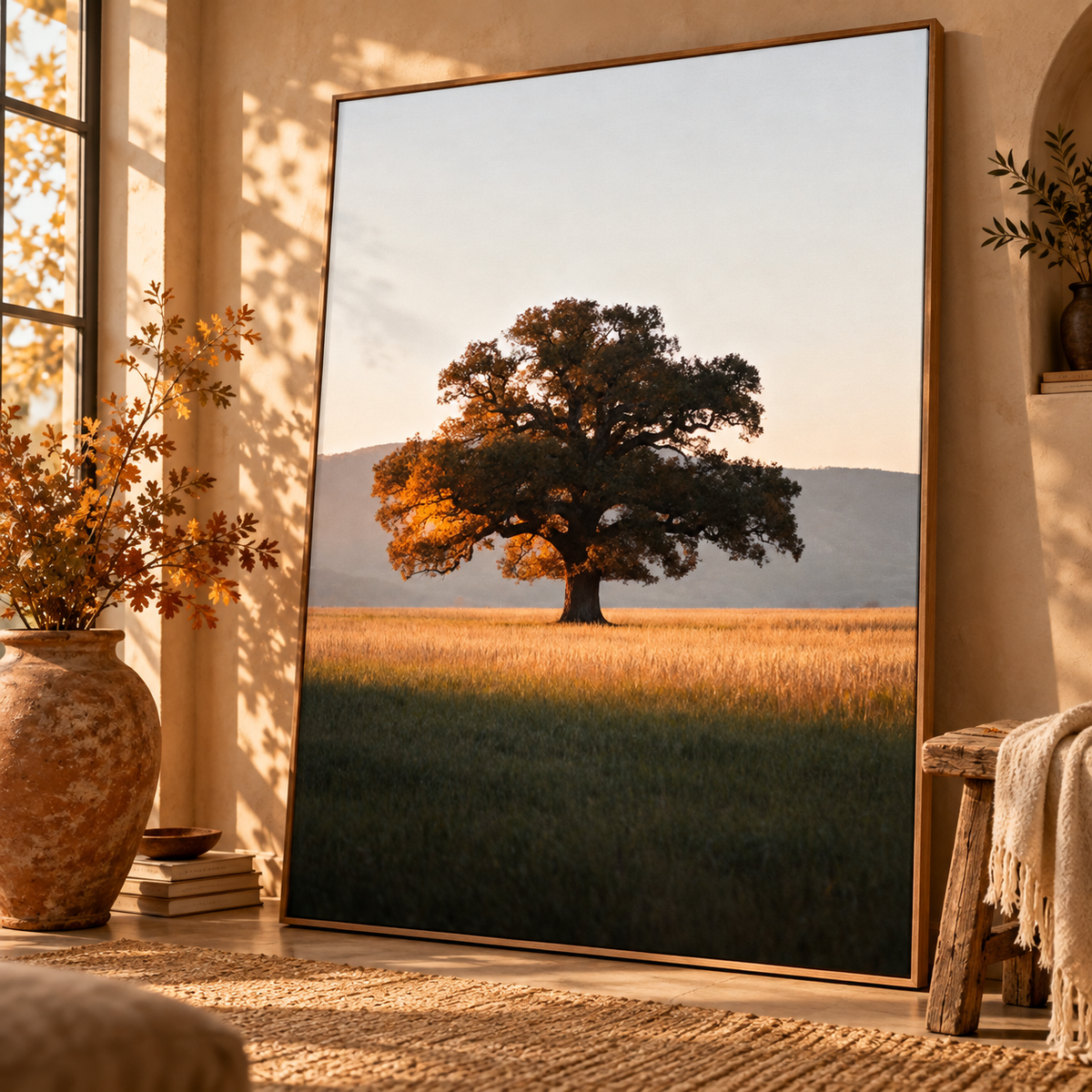 Oak Tree Wall Art: Autumn Countryside Landscape Photography, Golden Hour Nature Decor Printable