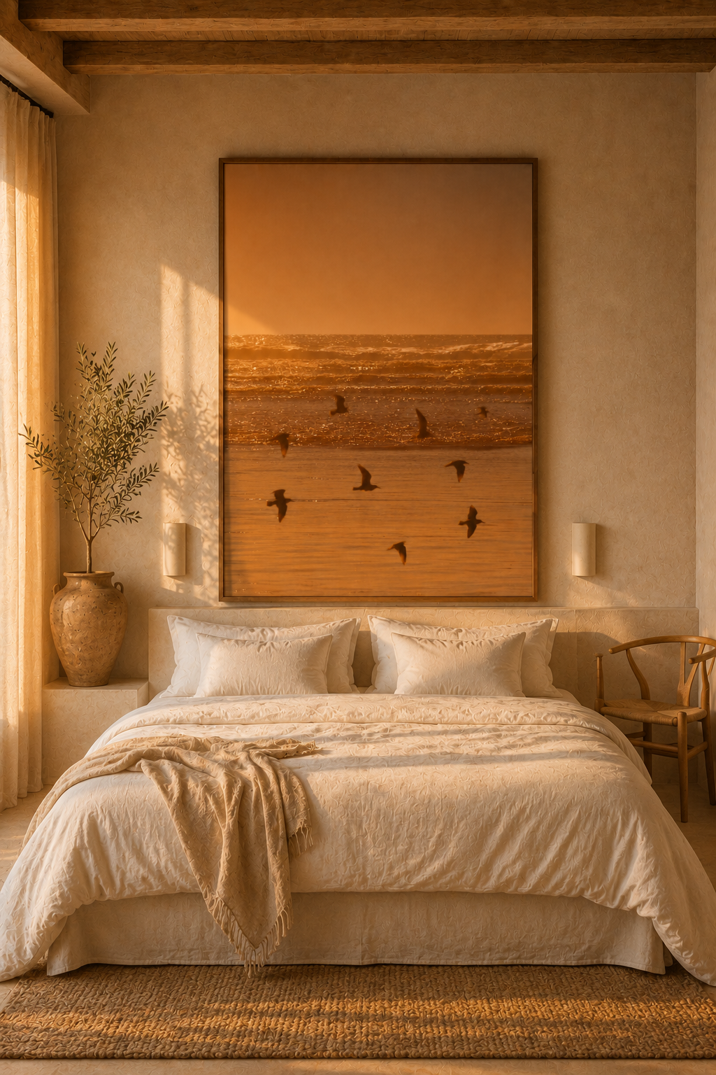 Sunset Wall Art: Golden Hour Beach Photography, Seagull Decor, Neutral Coastal Bedroom Printable