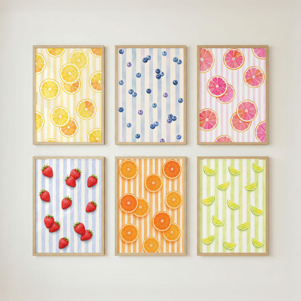 Striped Fruit Wall Art Set of 6: Mediterranean Kitchen Decor & Citrus Printable
