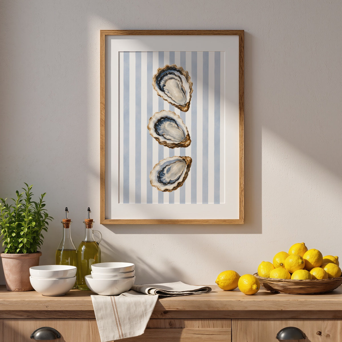 Oyster Wall Art: Coastal Mediterranean Beach House Decor, Blue Striped Printable