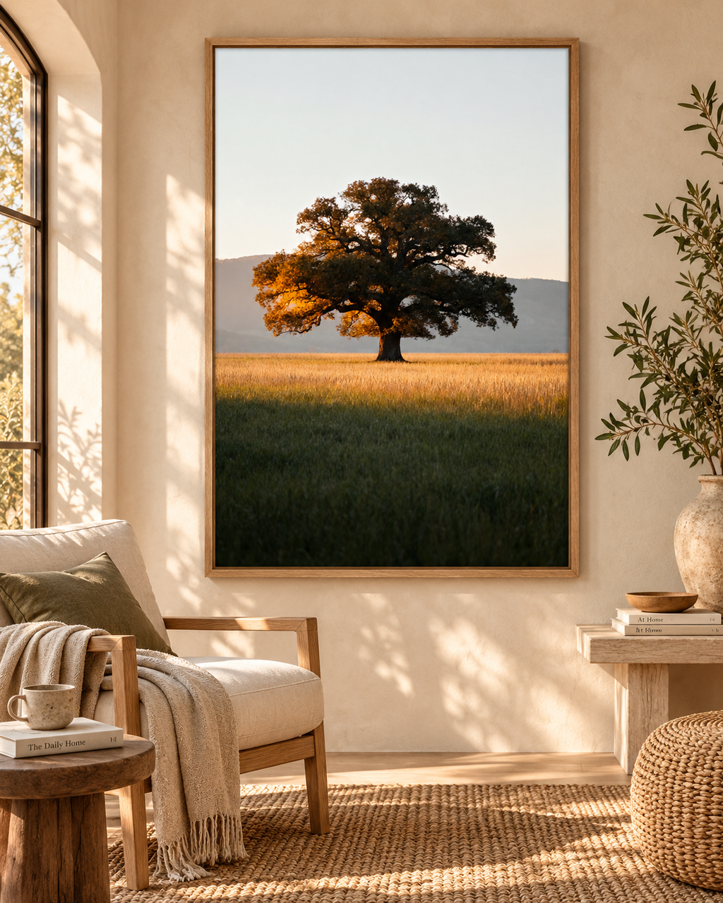 Oak Tree Wall Art: Autumn Countryside Landscape Photography, Golden Hour Nature Decor Printable