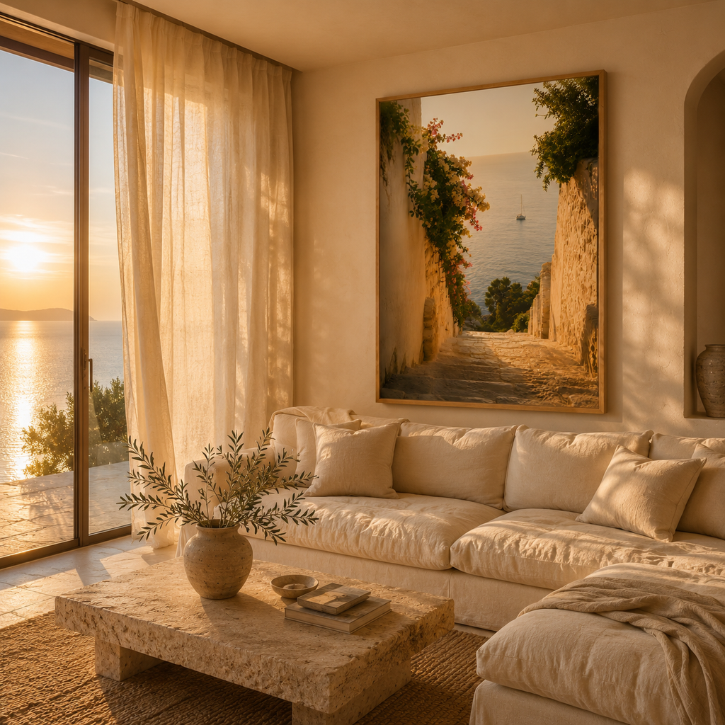 Sea View Wall Art: Mediterranean Bedroom Decor, Stairway Photography, Quiet Luxury Printable