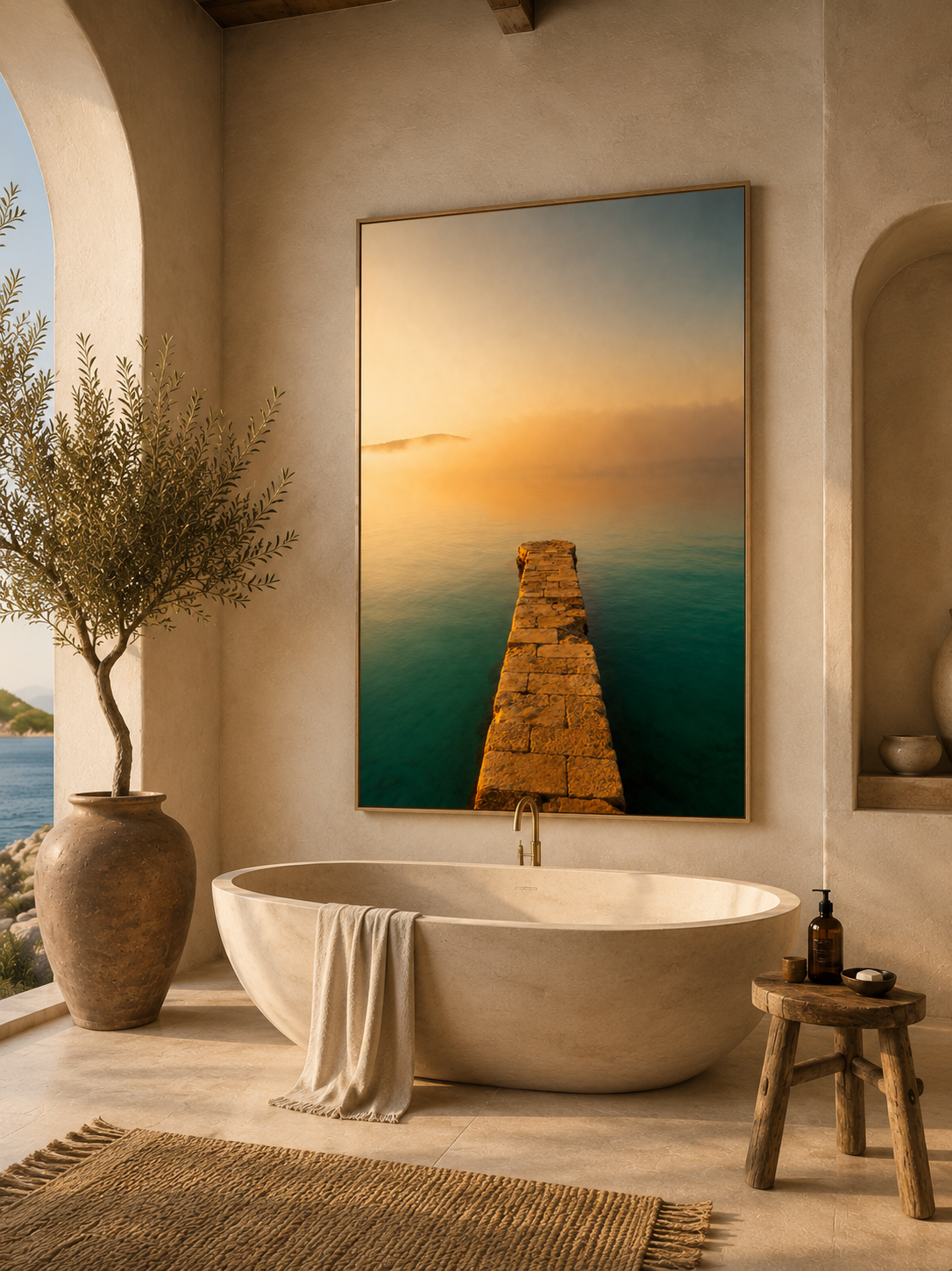 Mediterranean Coastal Wall Art: Stone Pier Bathroom Decor Printable