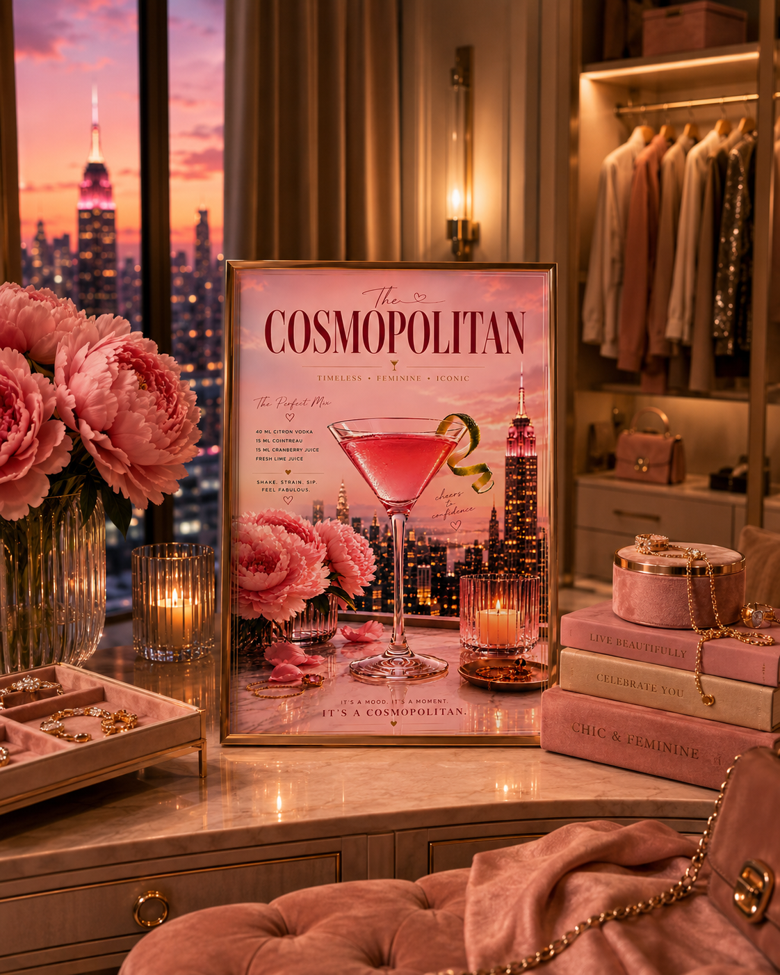 Pink Cosmopolitan Cocktail Wall Art: Feminine Luxury Apartment Printable Poster