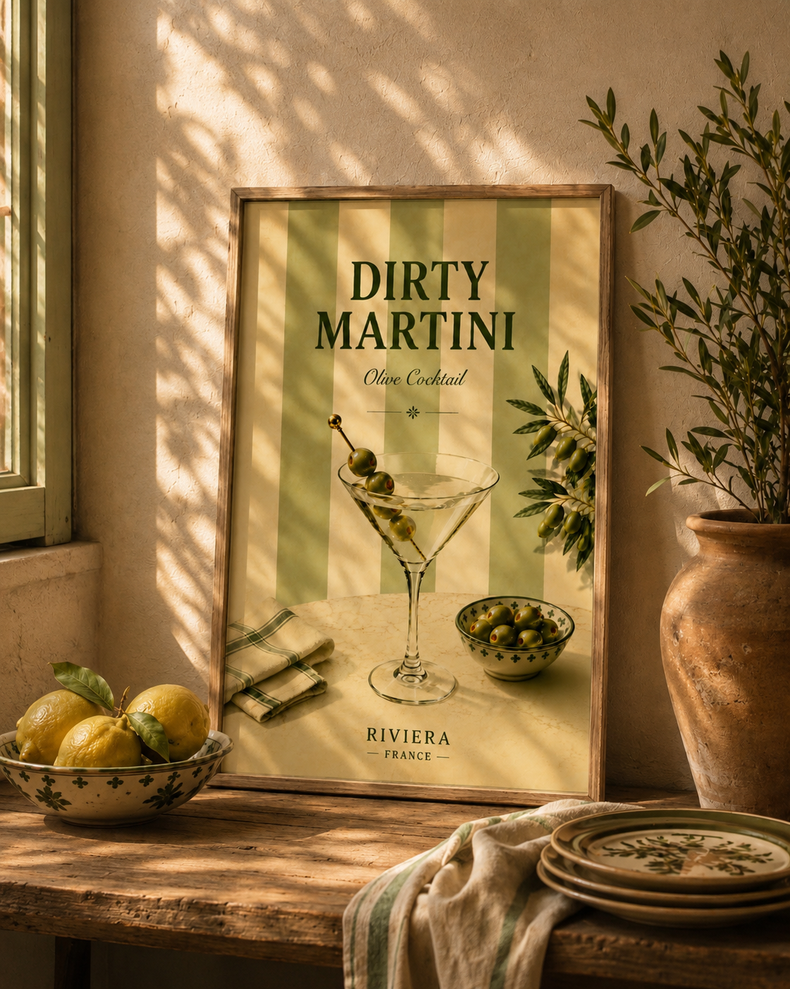 Dirty Martini Cocktail Wall Art: Mediterranean Bar Cart Decor Printable