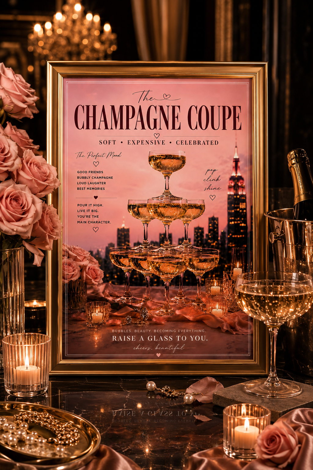 Pink Champagne Tower Cocktail Wall Art: Feminine Luxury Parisian Bar Cart Printable Poster