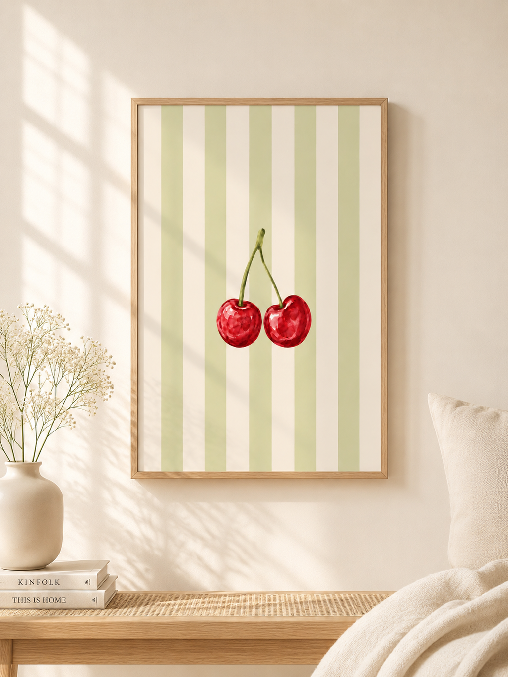 Cherry Wall Art Set of 3: Pastel Striped Bedroom Decor, Coquette Printable