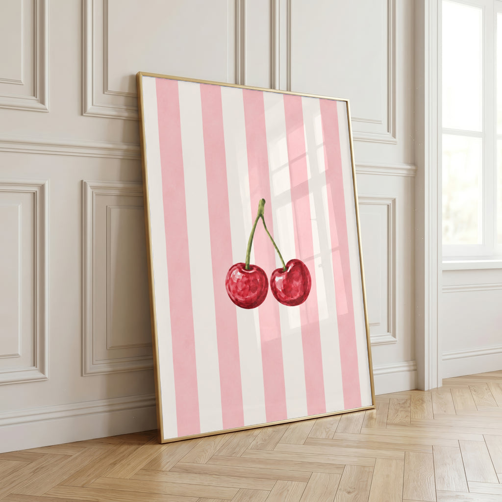 Cherry Wall Art Set of 3: Pastel Striped Bedroom Decor, Coquette Printable