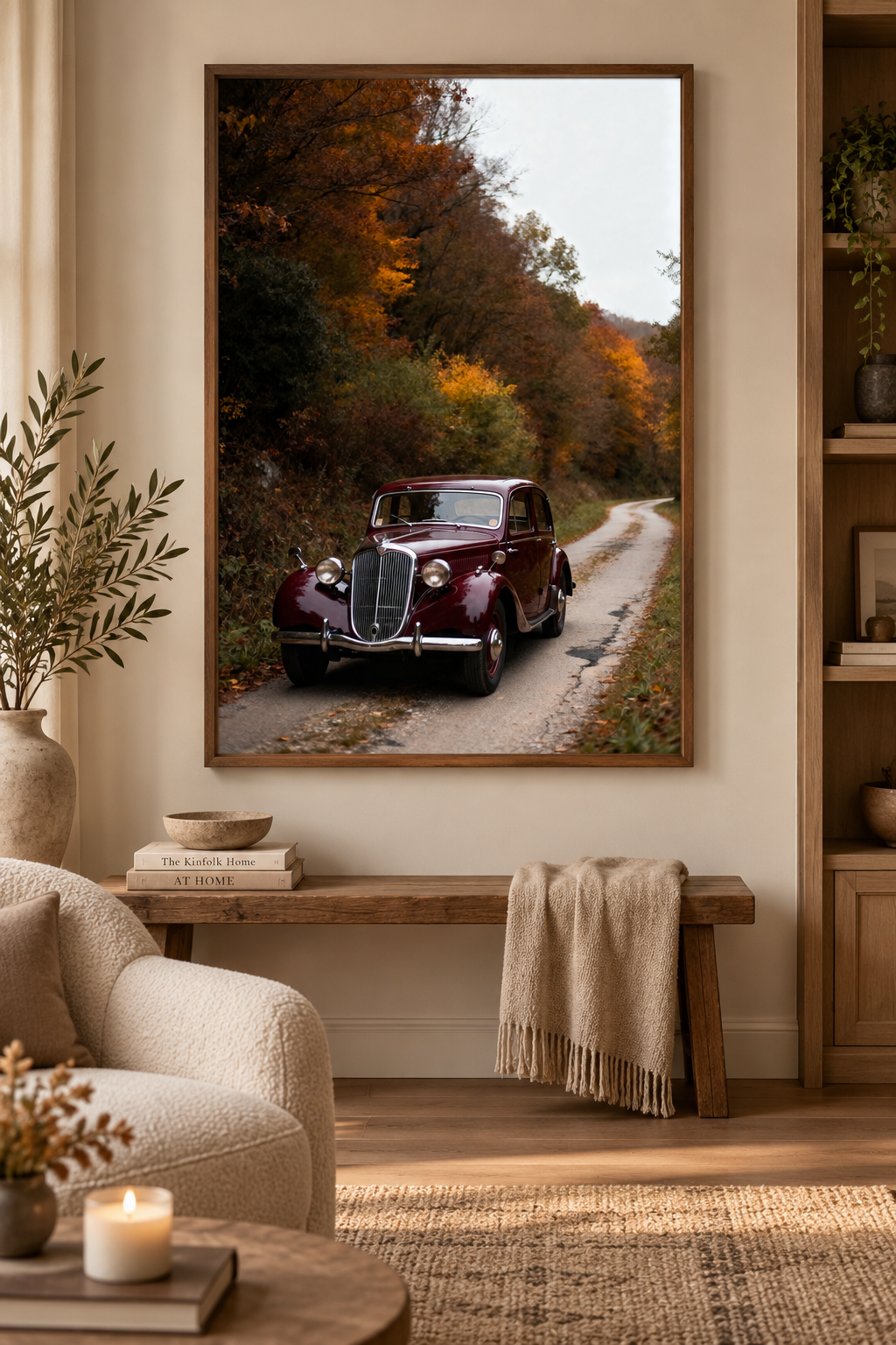 Vintage Car Wall Art: Burgundy Car on Autumn Country Road, Moody Fall Photography Printable